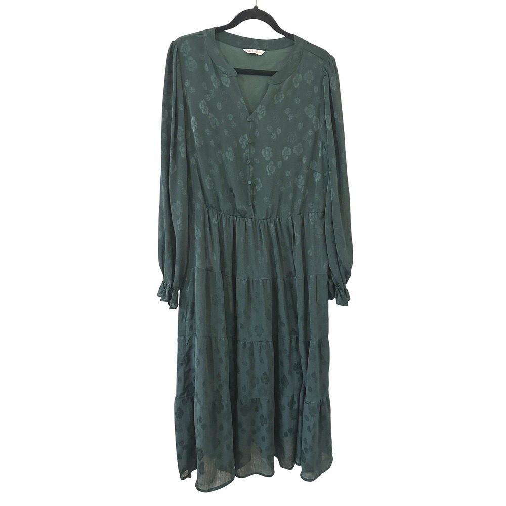 Kirundo Womens XL Green Floral Jacquard Tiered Midi Dress Cottage Formal Event